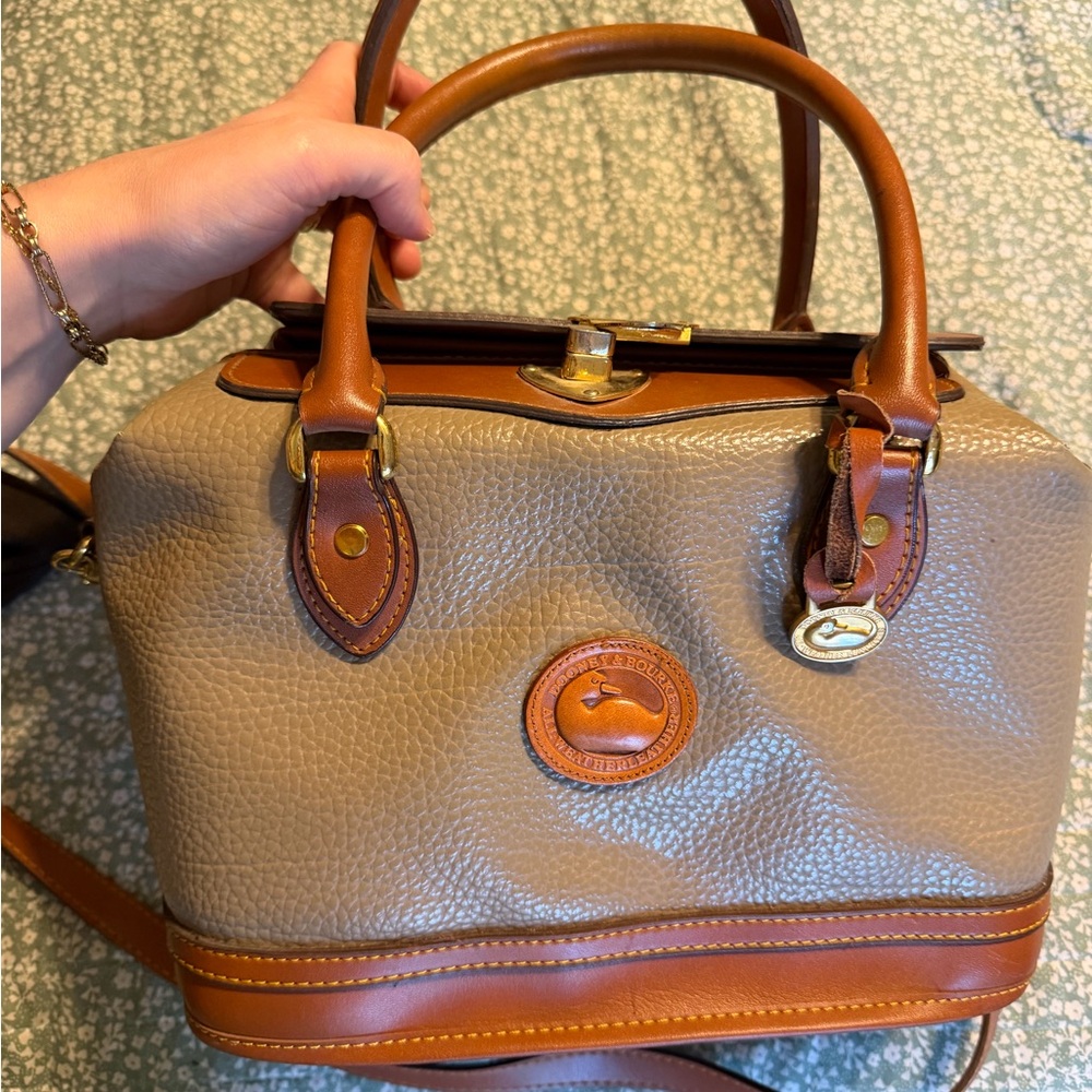 Vintage Dooney & Bourke Taupe Pebbled Leather Satchel with Brown Trim
